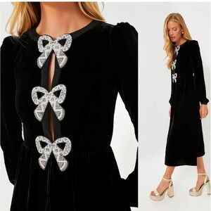 Saloni Black velvet and pearl midi dress / 3 bows